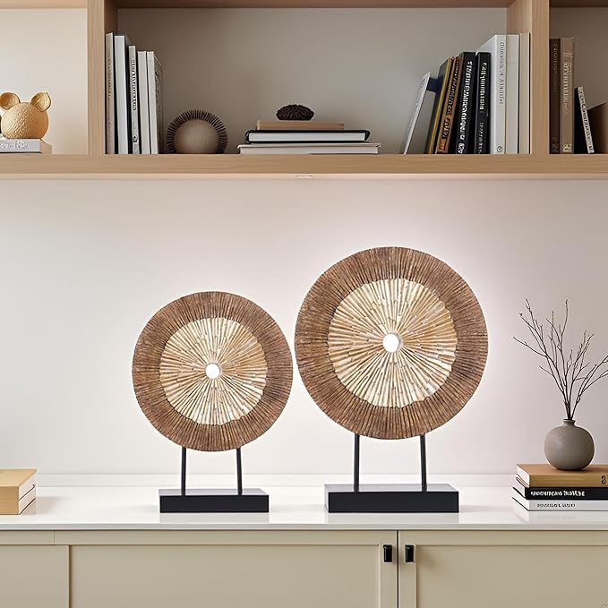 XMGZQ Wood Color Minimalist Round Statue Above Cabinet Decor Kitchen,Modern Decorative Sculpture Home Decorations for Living Room Coffee Table,Shelf Decor Items,Center Pieces Decoration for Table-Ruum Studio Home