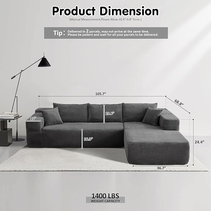 ovios 104" Cloud Sectional Couch with L-Shape Chaise,Modern Modular Sofa with Deep Seat, Upholstered Couches for Living Room Bedroom,No Assembly Required, Grey (Corduroy Fabric)-Ruum Studio Home