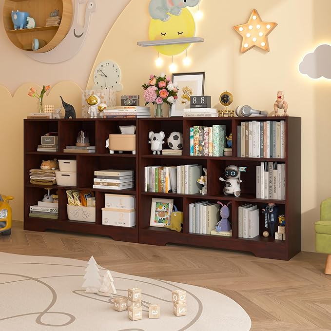 Book Shelf Set of 2, 8 Cubes Storage Organizer, 3-Tier Open Shelf Wooden Bookcase, Freestanding Cherry Bookshelf Cube Shelf for Bedroom, Living Room, Home Office-Ruum Studio Home
