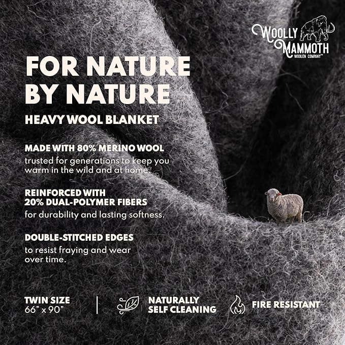 Woolly Mammoth Woolen Co. | Extra Large Merino Wool Camp Blanket | Perfect Outdoor Gear | Bedroll for Bushcraft, Camping, Trekking, Hiking, Survival, or Throw Blanket at the Cabin (Gray), 66" x 90"-Ruum Studio Home