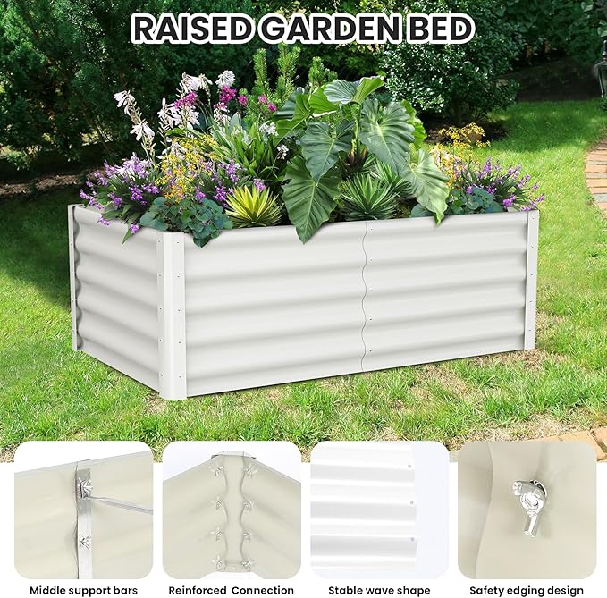 Galvanized Raised Garden Bed Outdoor, 2 Pcs 6x3x1.5FT Outdoor Large Planter Raised Beds Open Base with Safety Edge and Glove for Vegetables Flowers Ground Planter, White-Ruum Studio Home