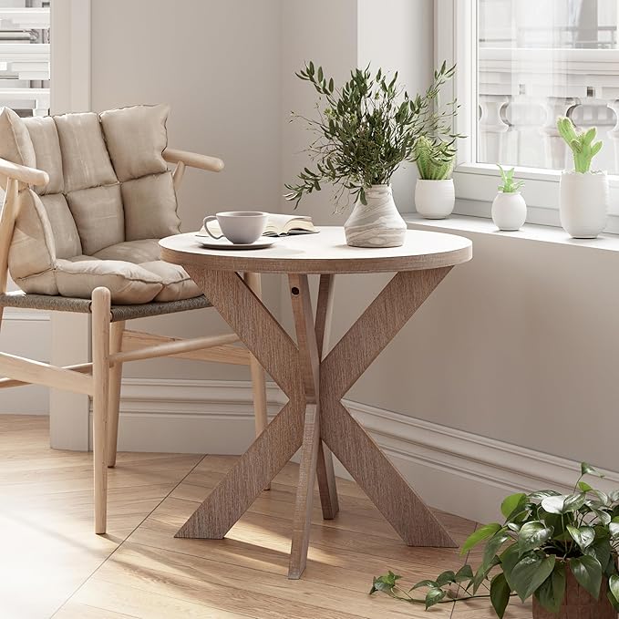 Farmhouse Cross Leg end Table, French Country Accent Side Table for Family, Dinning or Living Room, Small Spaces, Modern, Round, Vintage Grey Finish.-Ruum Studio Home