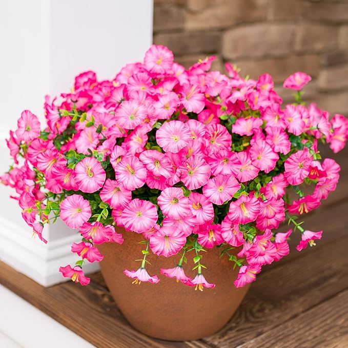 Artificial Flowers for Outdoors Fake Plants Outside Decoration, 12 Bundles Silk Pink Morning Glory with Eucalyptus UV Resistant Look Real Faux Flowers for Planter Front Door Yard Gardens Home-Ruum Studio Home