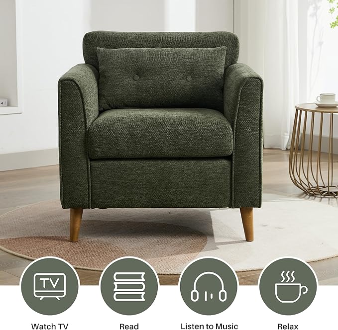 Modern Accent Chair with Wooden Legs Plush Fabric Armchair Cozy Reading Chair for Living Room, Bedroom, Study (Green Armchair)-Ruum Studio Home