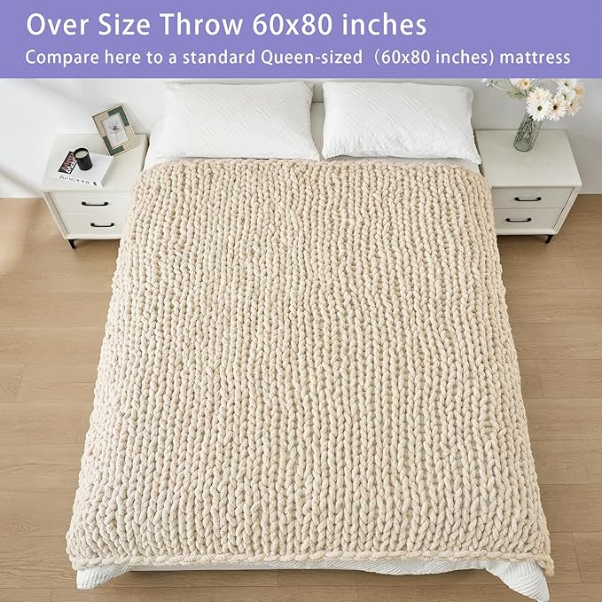 Bigacogo Chunky Knit Throw Blanket for Couch, 60x80 inches, 100% Hand Knitted with Thick Jumbo Chenille Yarn, Cozy Soft Large Rope Knot Cable Crochet Blankets for Sofa Bed Living Room, Beige-Ruum Studio Home