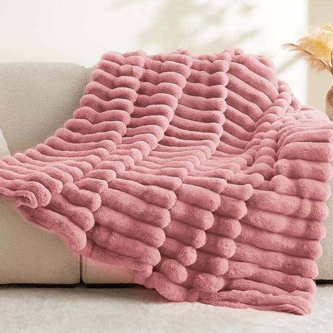 BEDELITE Faux Fur Throw Blanket for Couch, Soft and Cozy Luxurious 3D Striped Fluffy Blanket, 770GSM Thick Warm Plush Fuzzy Faux Rabbit Fur Blanket for Women Gift (Pink, 60"x 80")-Ruum Studio Home