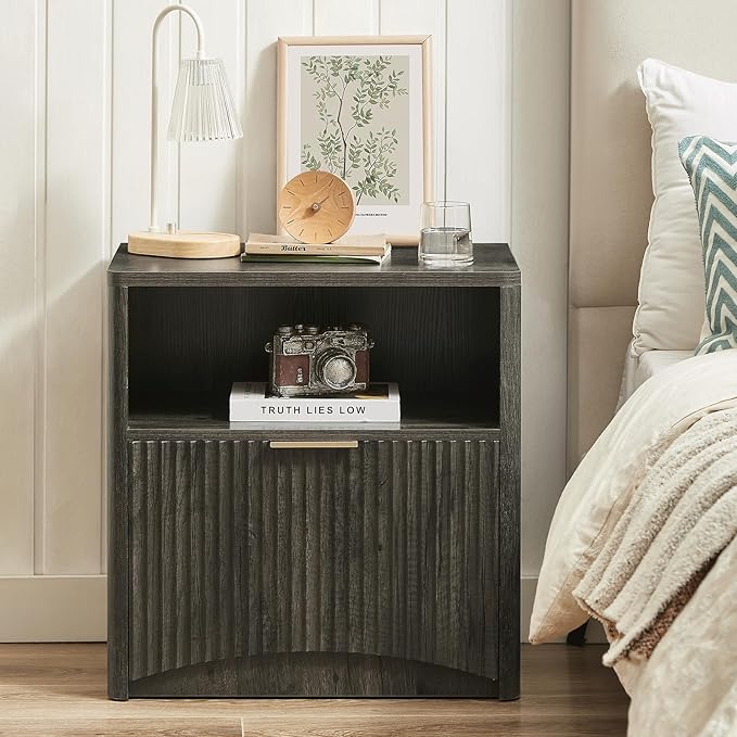 Fluted Nightstand, Dark Grey Bedside Table with Drawer and Storage, Wood End Table Mid Century Modern, Large Night Stand for Bedroom-Ruum Studio Home