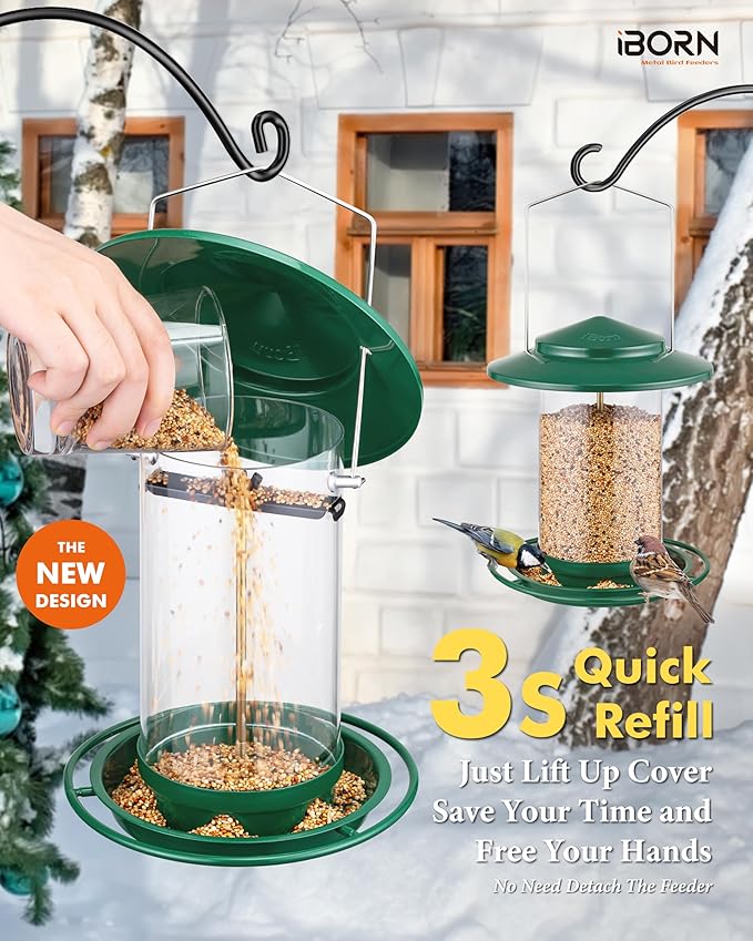 iBorn Metal Bird Feeders for Outdoors Hanging,Wild Bird Feeders for Cardinal,18cm Large Roof&Tray New Green 6 Port (Seed is not Included)-Ruum Studio Home