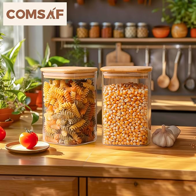 ComSaf 1.2 QT Glass Storage Containers with Lids, Glass Jars with Lids, Clear Food Jar, Square Canister Set of 6, Pantry Organizers and Storage for Cookie Flour Oat Pasta Tea Coffee Bean-Ruum Studio Home