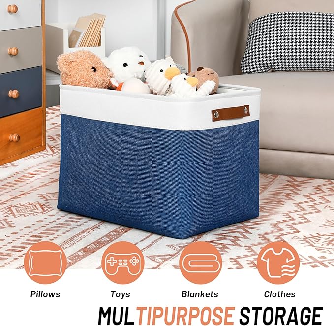 DULLEMELO Large Storage Baskets with Leather Handles for Linen Closet and Home Office, Decorative Baskets for Toys Storage (White & Blue)-Ruum Studio Home