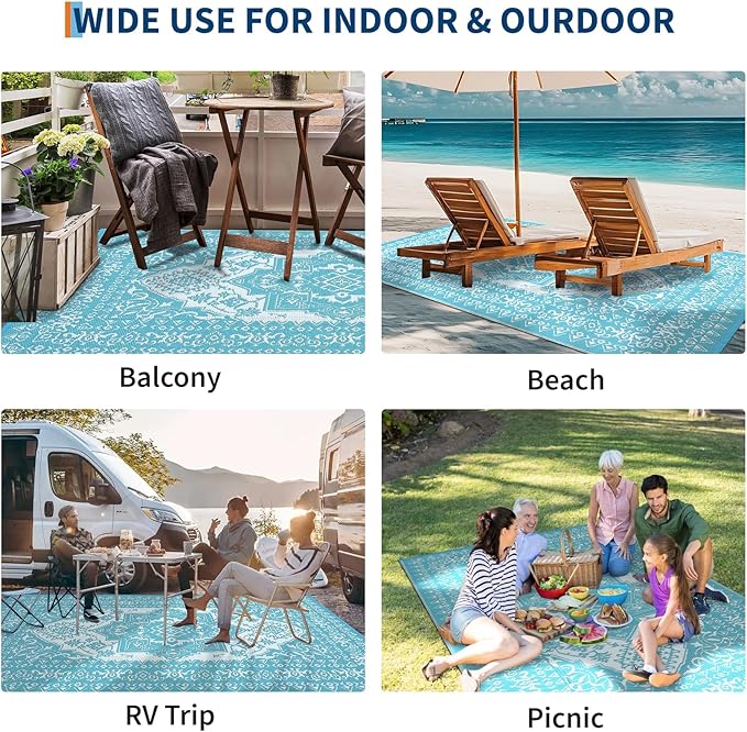 GAOMON Outdoor Rug Waterproof 9x12 Patio Rugs Reversible Plastic Straw Rug, Large UV-Resistant Portable RV Camping Mats, Indoor Outdoor Medallion Carpet for Deck Porch Garden, Light Blue & White-Ruum Studio Home