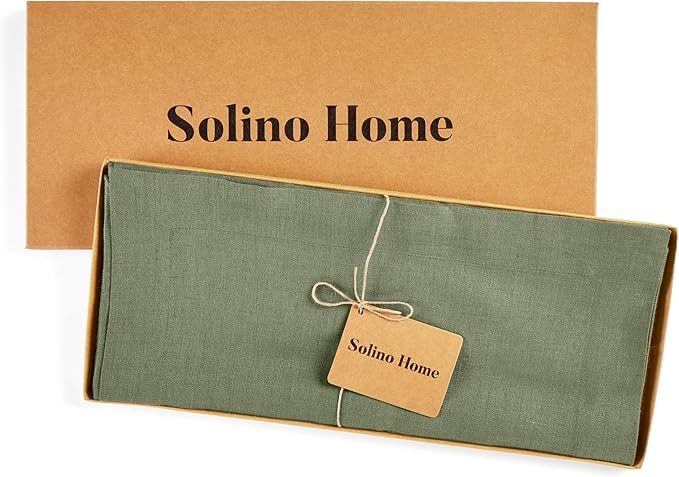 Solino Home Linen Oil Green Table Runner 90 Inches Long - 100% Pure Linen 14 x 90 Inch Table Runner for Fall, Autumn, Thanksgiving - Fete-Ruum Studio Home