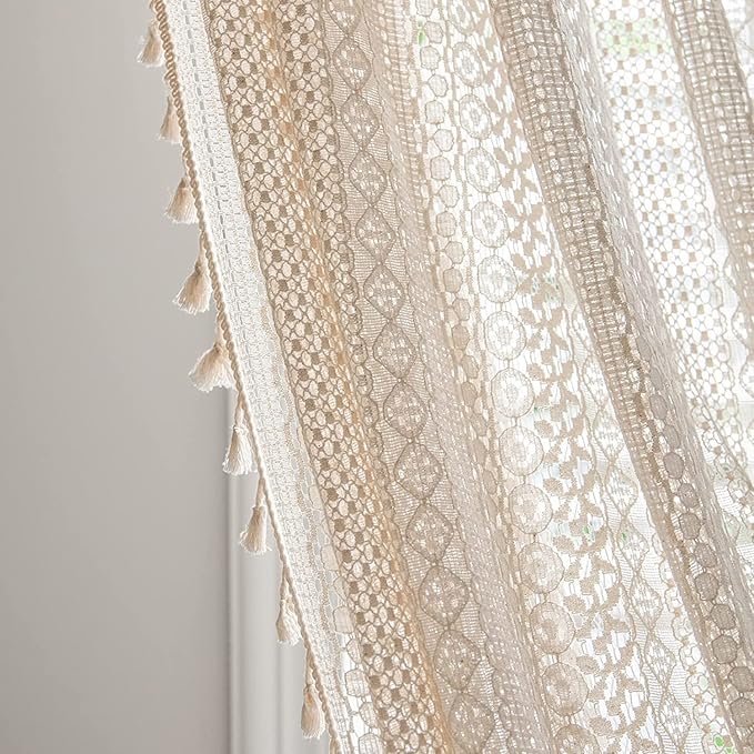 Sutuo Home Boho Sheer Curtain 108 Inches Long, Crochet Lace with Bohemian Hollow Knitted Handmade Tassels,Vintage Farmhouse Window Treatment for Bedroom, Rod Pocket, 1 Panel 59" W x 108" L, Beige-Ruum Studio Home