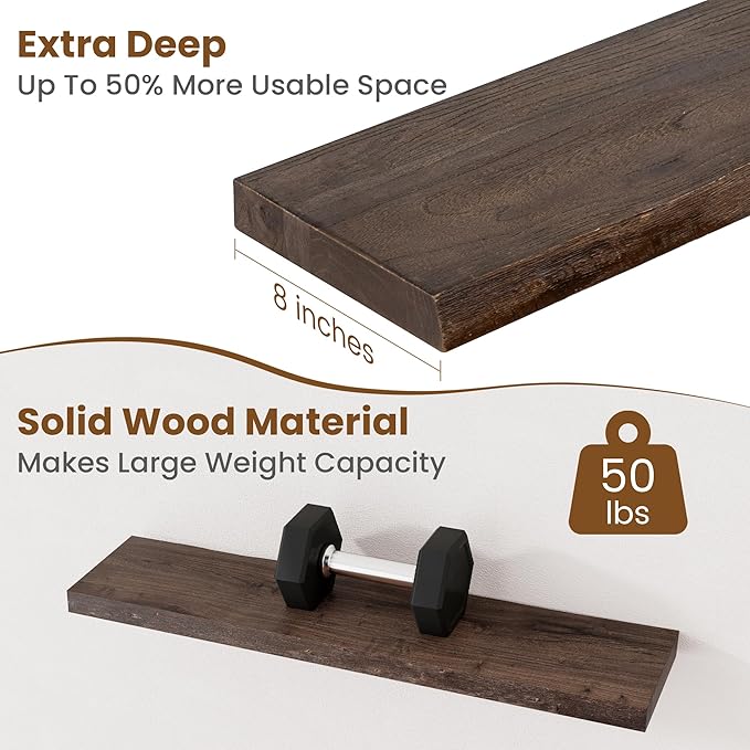 Floating Shelves for Wall Decor, Rustic Solid Elm Wood Live Edge Floating Shelves Wall Mounted, Wall Shelves with Invisible Bracket for Living Room Bathroom Bedroom Kitchen, 32 Inch Set of 2, Walnut-Ruum Studio Home