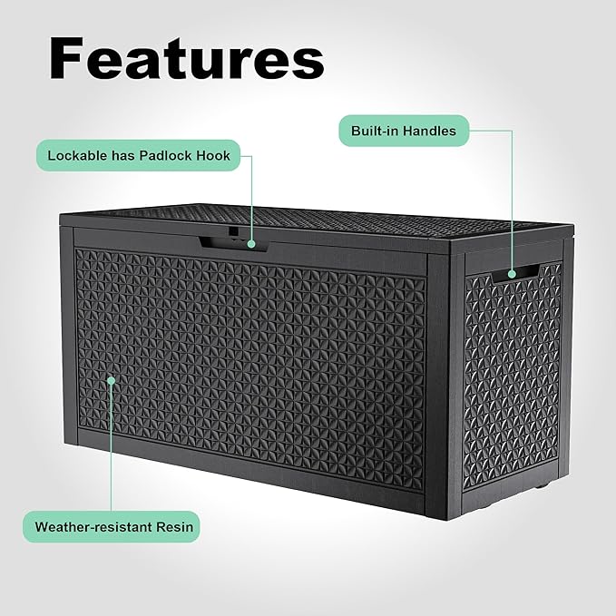 100 Gallon Deck Box Large Outdoor Storage for Patio Furniture,Outdoor Cushions,Garden Tools and Pool Supplies,Waterproof,Resin,Lockable(Black Lozenge)-Ruum Studio Home