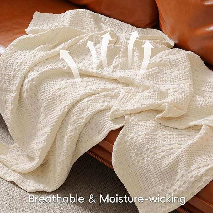 PHF 100% Cotton Waffle Weave Blanket Queen Size, Soft Lightweight Breathable Cozy Summer Blankets for Bed, Luxury Aesthetic Woven Bedding for Home Decor, 90"x90", Undyed-Ruum Studio Home