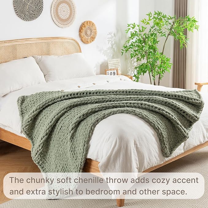 Chunky Knit Blanket Throw, 100% Hand Knit Throw Blanket Handmade Chenille Cable Knit Throw for Couch, Stylish Cozy Soft Rope Knot Crochet Blanket for Home Decor, Sage Green, 50x60 Inches-Ruum Studio Home