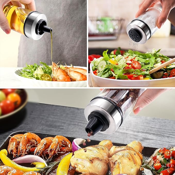 Mlici Oil and Vinegar Dispenser Set of 6 Bottles, Stainless Steel Salt Pepper Holder with 360° Rotating Holder, Cruet Soy Sauce - Premium Glass Condiment for Kitchen, Tabletop, Kitchen Containers-Ruum Studio Home