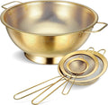 Norme 5 Quart Stainless Steel Gold Colander and 3 Pcs Gold Fine Mesh Strainer, Stainless Steel Pasta Rice Food Metal Strainer with Handles, Easy Clean and Dishwasher Safe-Ruum Studio Home