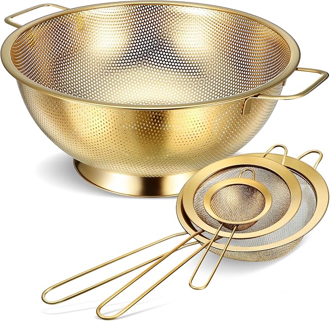 Norme 5 Quart Stainless Steel Gold Colander and 3 Pcs Gold Fine Mesh Strainer, Stainless Steel Pasta Rice Food Metal Strainer with Handles, Easy Clean and Dishwasher Safe-Ruum Studio Home