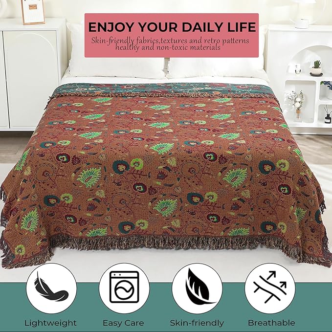 Boho Throw Blanket for Bed,100% Ultra Cotton Soft Breathable Bed Throw Floral Printed Farmhouse Decor Rustic Bed Throws for Couch Sofa Quilt 60" x 80"-Ruum Studio Home