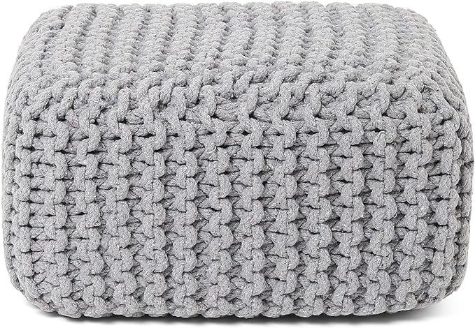 REDEARTH · Cube Low Pouf Foot Stool Ottoman - Hand Knitted Poof - Cord Boho Pouffe - Home Décor - Stuffed Footrest for Living Room - Nursery - Bedroom - Patio (16" x 16" x 8") - Light Gray-Ruum Studio Home