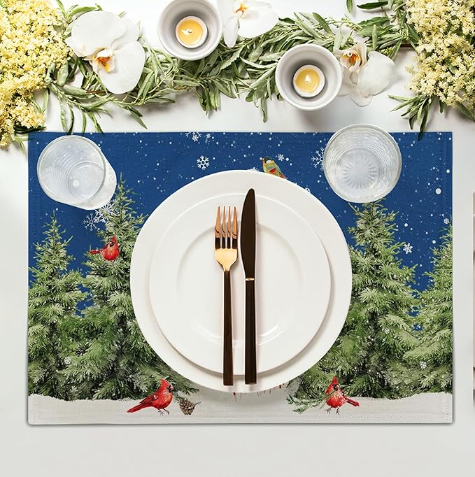 Blue Snowman Christmas Placemats Set of 4 Xmas Tree Cardinal Snowflakes Linen Table Mats Seasonal Winter Holiday Place Mats Washable Placemat for Party Kitchen Dining Outdoor Indoor Decor-Ruum Studio Home