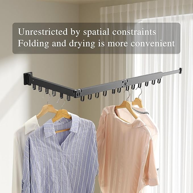 Clothes Drying Rack Wall Mounted, Laundry Drying Rack Collapsible, Space Saving Wall Drying Rack Clothing Foldable, Tri-Fold Retractable Rack Outdoor Indoor with 18 Hooks(Black，Loop-Shape Hooks)-Ruum Studio Home