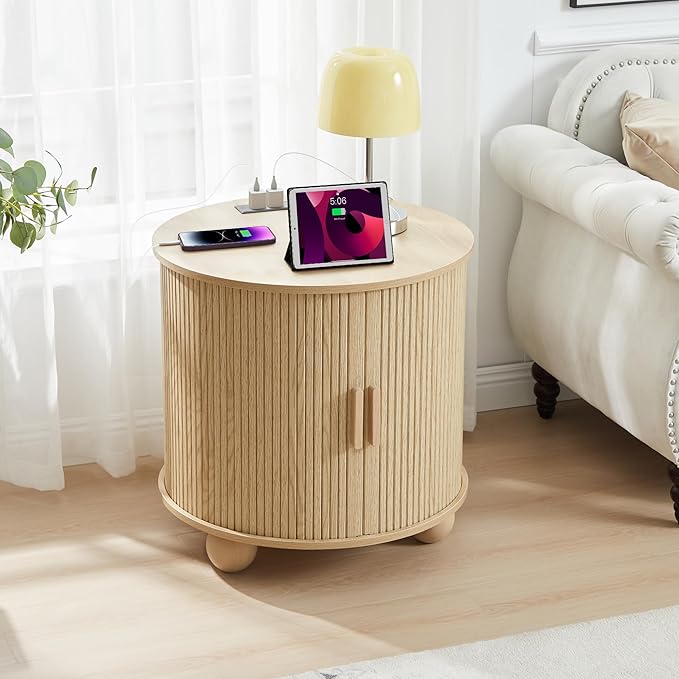 Farmhouse Round End Table with Charging Station, 24" Large Fluted Sofa Side Table with Sliding Tambour Door & Storage, Mid-Century Wood Nightstand for Living Room, Bedroom (Natural)-Ruum Studio Home