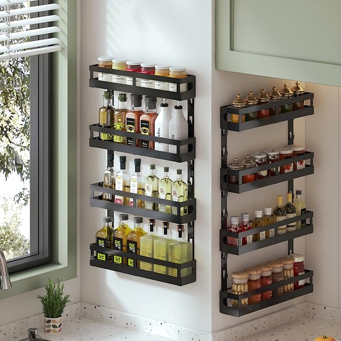 4-Tier Small Wall Mounted Spice Rack Organizer, Hanging Spice Shelf for Cabinet or Pantry, Height-Adjustable Seasoning Holder for Kitchen Storage, Black-Ruum Studio Home