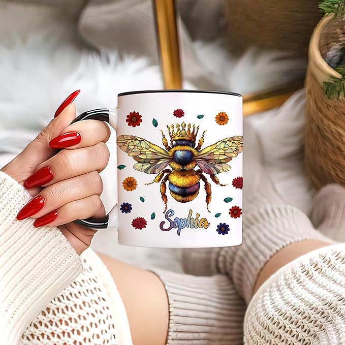 Hyturtle Personalized Floral Bee Mug - Bee Keeper Gifts For Women Lovers Teacher - Honey Gifts For Beekeeper Farmer On Birthday - Queen Honeycomb Decor - Custom Coffee Cup Ceramic Mug 11 Oz 15 Oz-Ruum Studio Home