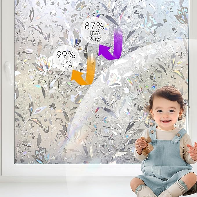 HIDBEA Window Privacy Film, 3D Stained Glass Static Cling - Sun Blocking Anti-UV Heat Control, Reusable Decorative Film for Home/Office Doors, Rainbow Tulip Design (29.5 in x 78.7 in)-Ruum Studio Home