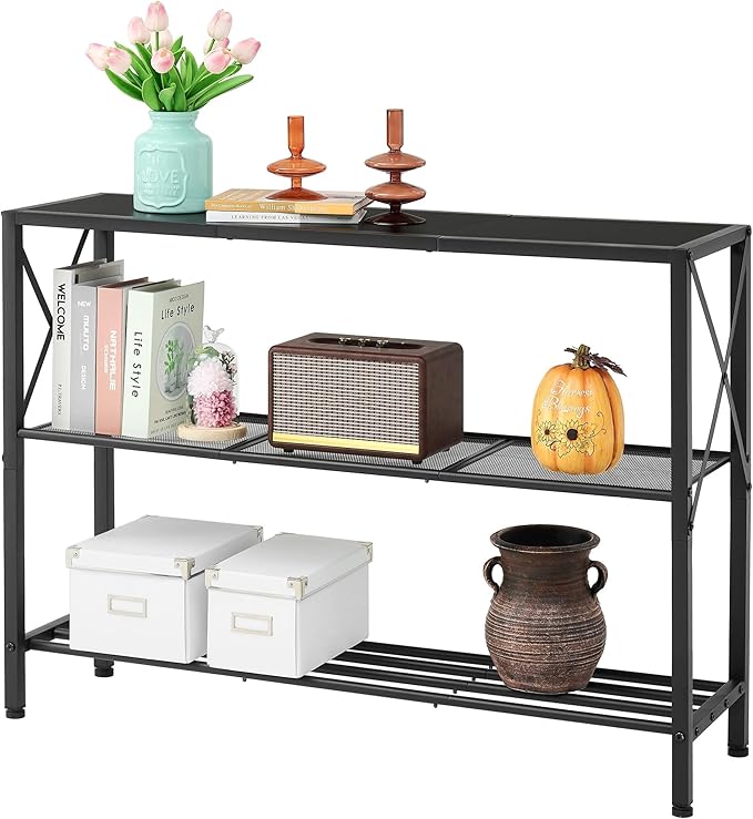 Hoctieon Industrial Console Table, 3 Tier Entryway Table, Hallway Table, Narrow Sofa Table with Shelves, Entrance Table for Entryway, Living Room, Foyer, Hallway, Office, Black-Ruum Studio Home