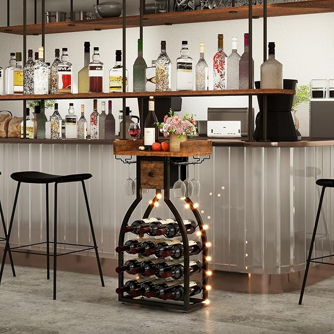 IBUYKE Wine Rack Freestanding Floor,Wine Storage 15 Bottles Bottle Rack with Glass Holders, Mini Bar Wine Cabinet with Storage Drawer for Home Bar Kitchen Dining Room,Rustic Brown,UTMJ908H-Ruum Studio Home
