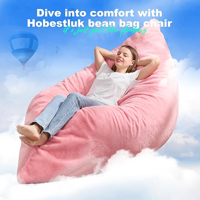 Hobestluk 3 in 1 Bean Bag Chair Giant Bean Bag Chairs for Adults with Chevron Plush Fur Cover Convertible Bean Bag Floor Cushion with Machine Washable Cover for Living Room (Plush Pink)-Ruum Studio Home