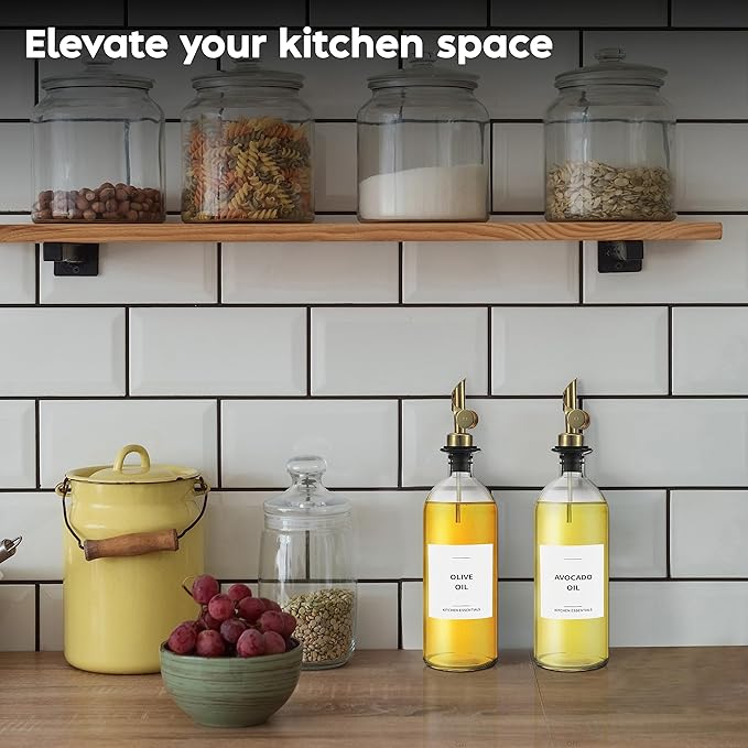 Olive Oil Dispenser Bottle - Includes 55 Kitchen Essential Labels - Cooking Oil Bottles for Kitchen, Coffee Syrup Dispenser - Pourer Spout with 16.9 fl oz Glass Container Cruet - 2pcs, Gold-Ruum Studio Home