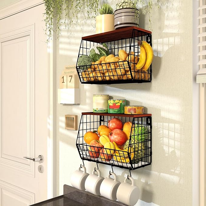 2pcs Fruit Basket Kitchen Storage Basket with Wood Lid, Stackable Wall Basket Fruit Basket for Kitchen, Countertop Organizer for Snack, Fruit and Veggie Storage, 11.8 x 7.9 x 8.5 Inch-Ruum Studio Home