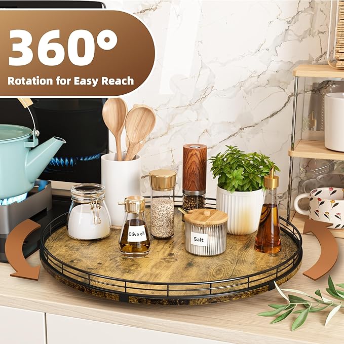 Lazy Susan Turntable Organizer for Table Top, 18’’ Round Wooden Lazy Susan for Cabinet Kitchen Countertop Pantry Dining Coffee Table for Condiments Spices, Rustic Bathroom Vanity Tray for Soap Candle-Ruum Studio Home