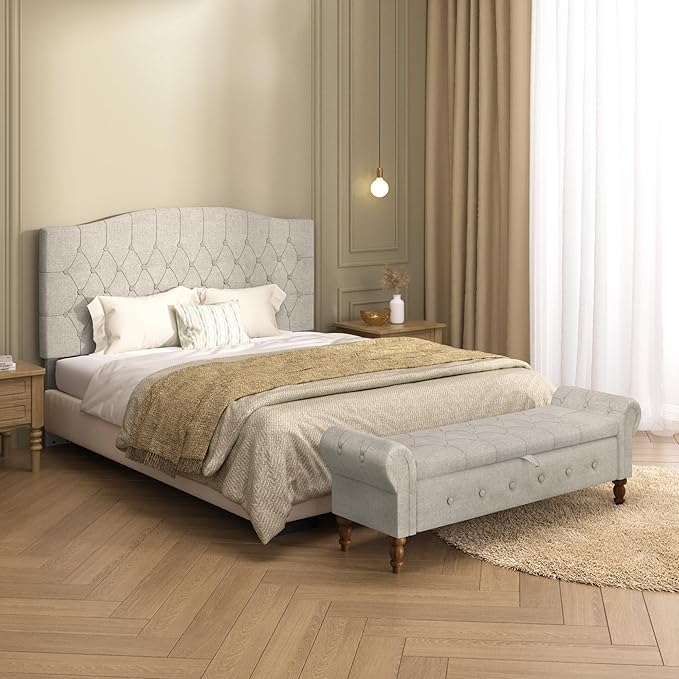 Storage Ottoman Bench for Bedroom, Linen 52" End of Bed Bench with Rolled Arms Upholstered Ottoman Bench Fit for Bedroom, Living Room, Entryway, Linen Gray-Ruum Studio Home