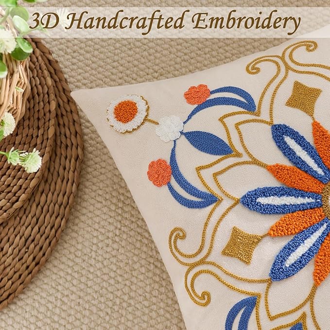 Embroidered Throw Pillow Cover 18x18 Classic Boho Floral Pattern Pillows Cover Outdoor Decorative Pillowcase,Durable Cozy Textured Cushion Case for Sofa Couch Bed Living Room,Orange Blue-Ruum Studio Home