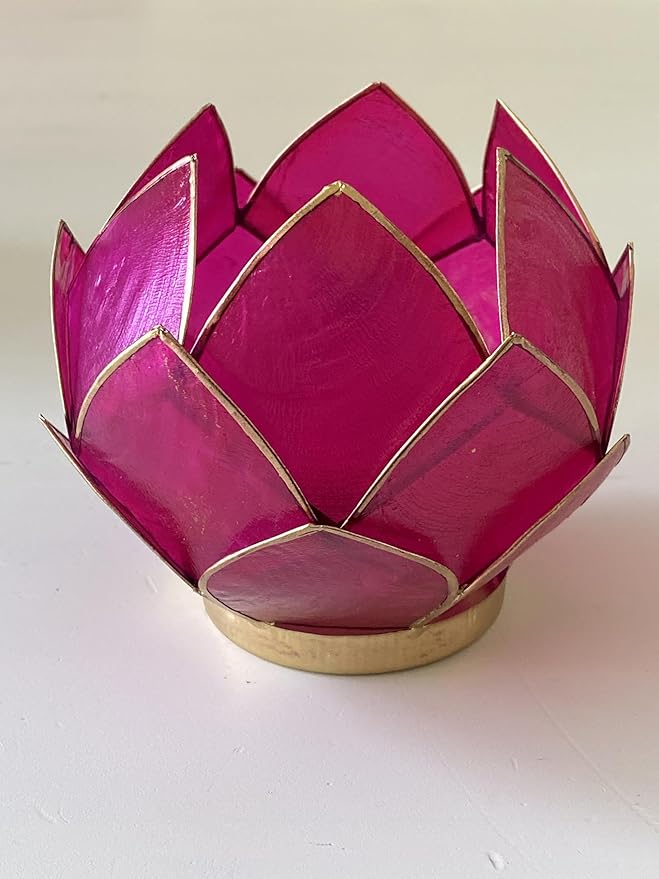Blooming Lotus Capiz Shell Tealight Candle Holder, Handcrafted Decorative Tea Light Candleholder with Translucent Flower Petals for Ambient Illumination and Natural Elegance, Fuchsia-Ruum Studio Home