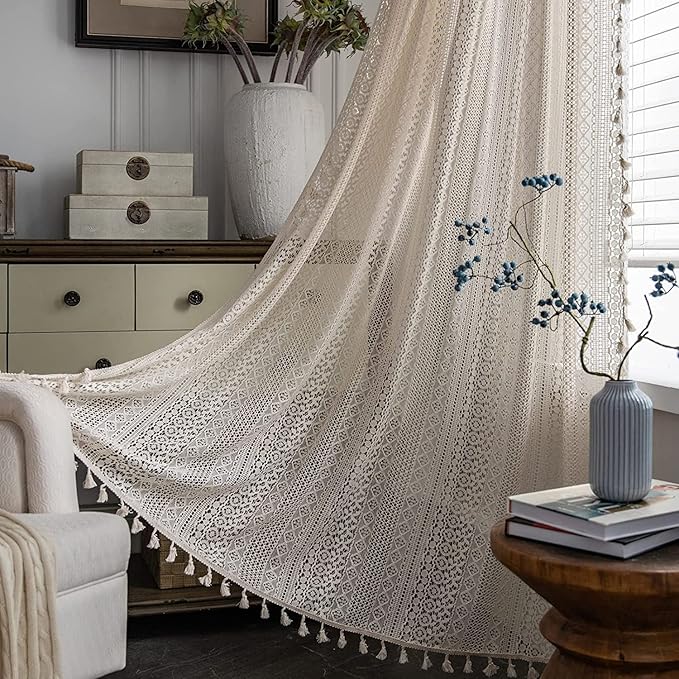 Sutuo Home Boho Sheer Curtain 108 Inches Long, Crochet Lace with Bohemian Hollow Knitted Handmade Tassels,Vintage Farmhouse Window Treatment for Bedroom, Rod Pocket, 1 Panel 59" W x 108" L, Beige-Ruum Studio Home