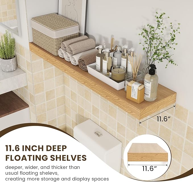 12 Inch Deep Floating Shelves for Wall, 48W x 12D Rustic Oak Wood Floating Shelves, Large Floating Shelves Set of 1 for Living Room Bathroom Laundry Room Bedroom Kitchen Home Office - Oak-Ruum Studio Home