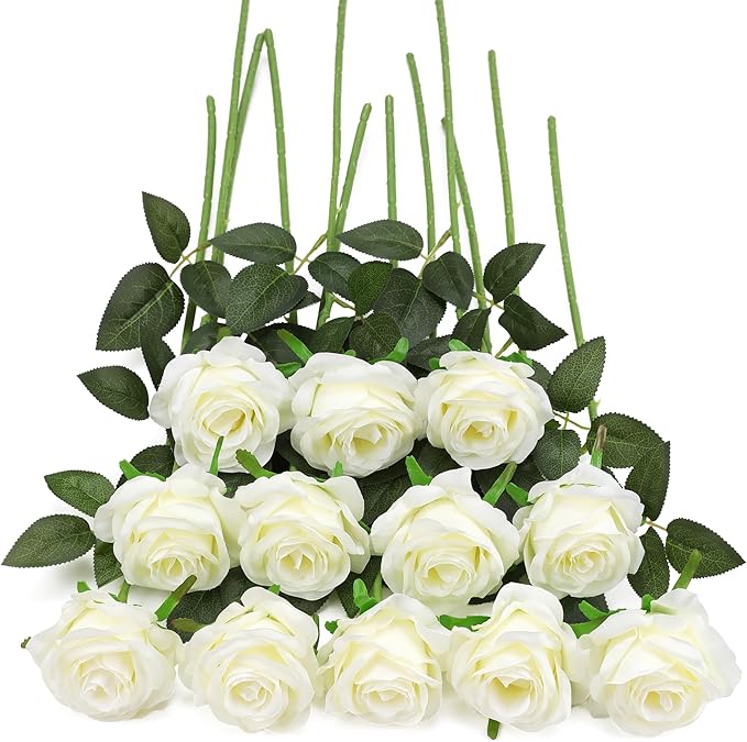 White Fake Roses Artificial Flowers - 10 Pcs Fake Artificial Roses Silk Flowers with Stems for Home Wedding Hotel Office Centerpiece Decor-Ruum Studio Home