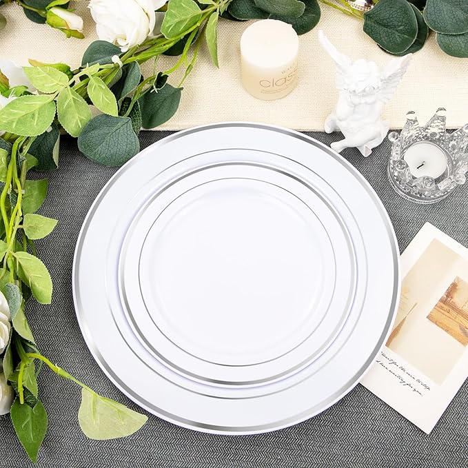 FLOWERCAT 60PCS Silver Plastic Plates - Heavy Duty White and Silver Plastic Plates Disposable - Include 30PCS 10.25inch Dinner Plates and 30PCS 7.5inch Dessert Plates for Wedding&New Year-Ruum Studio Home