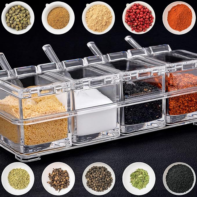 4 PCS Seasoning Box, Clear Spice Containers with Spoon, Acrylic Toppings Containers with Lids, Kitchen Multi Spice Box for Salt, Sugar, Pepper, Garlic Powder-Ruum Studio Home