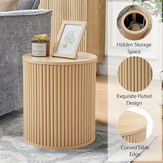 AVZEAR Small Round Side Table Fluted Night Stand Set of 2, Modern Boho End Table with Storage, Circle Bedside Tables Wood Nightstands for Small Spaces, Living Room, Bedroom (Nature)-Ruum Studio Home