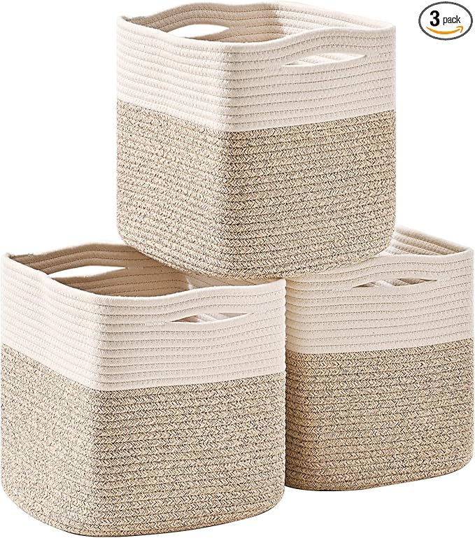 11 Inch Cube Storage Bins, Organizer Woven Cotton Rope Square Baskets for Organizing Shelves, Toys, Nursery, Off White & Brown (Pack of 3)-Ruum Studio Home