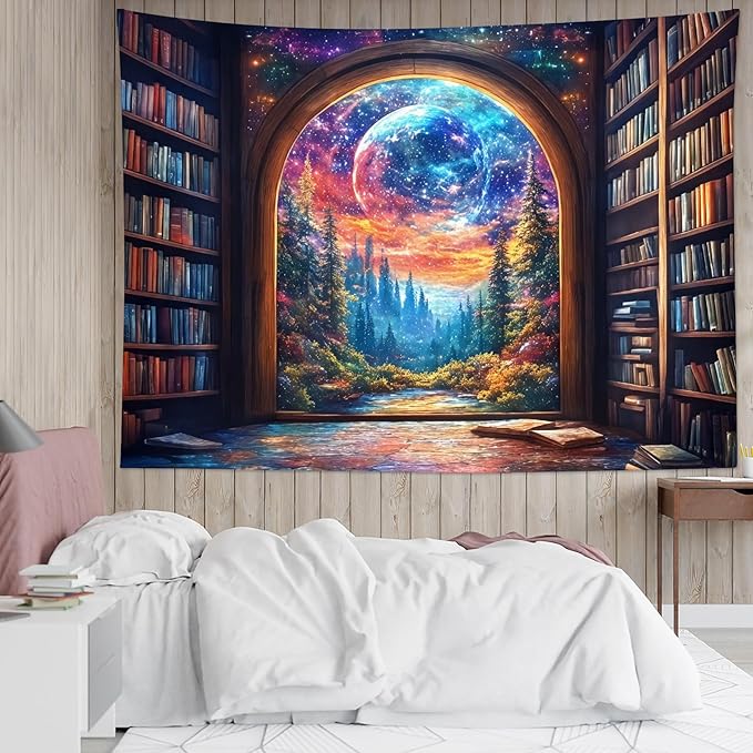LB Fantasy Bookshelf Moon Tapestry, Trippy Tree and Vintage Library in Forest Wall Tapestry for Bedroom, Galaxy Cool Wall Art for Living Room Dorm Classroom Home Decor Ready to Hanging, 48 x 36 Inches-Ruum Studio Home