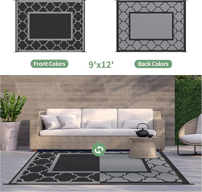 GENIMO Outdoor Rug 9' x 12' Waterproof for Patio Decor, Reversible Plastic Straw Area Rugs Mat for Camper, Outside Carpet for Camping, Rv, Deck, Porch, Picnic, Beach, Balcony, Black & Grey-Ruum Studio Home